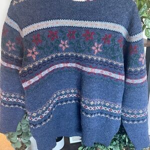 Vintage Brooks Brothers Floral Knit Sweater - Blue and Red 100% Wool